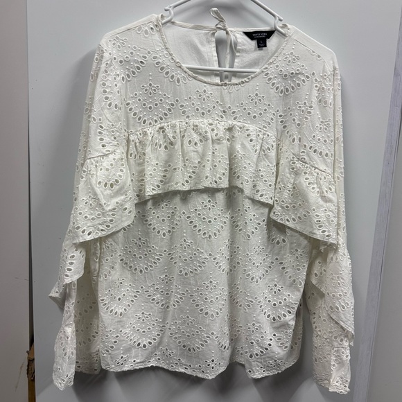 Simply Vera Wang White Eyelet Cotton Ruffle Long Sleeve Keyhole Back Blouse L - Picture 12 of 16